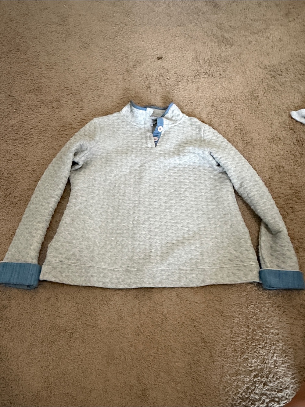 Light Gray Quilted Pullover with Denim Trim, Xl